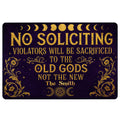 Wicca doormat with gold moon phases, pentagram, floral flourishes, and dark purple background