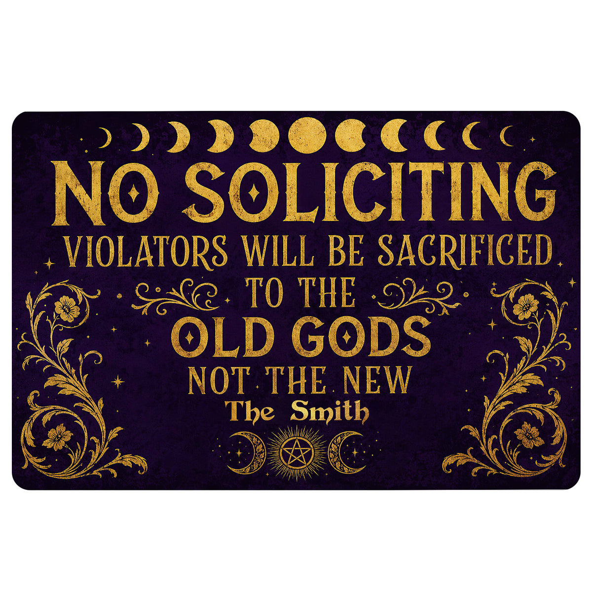 Wicca doormat with gold moon phases, pentagram, floral flourishes, and dark purple background