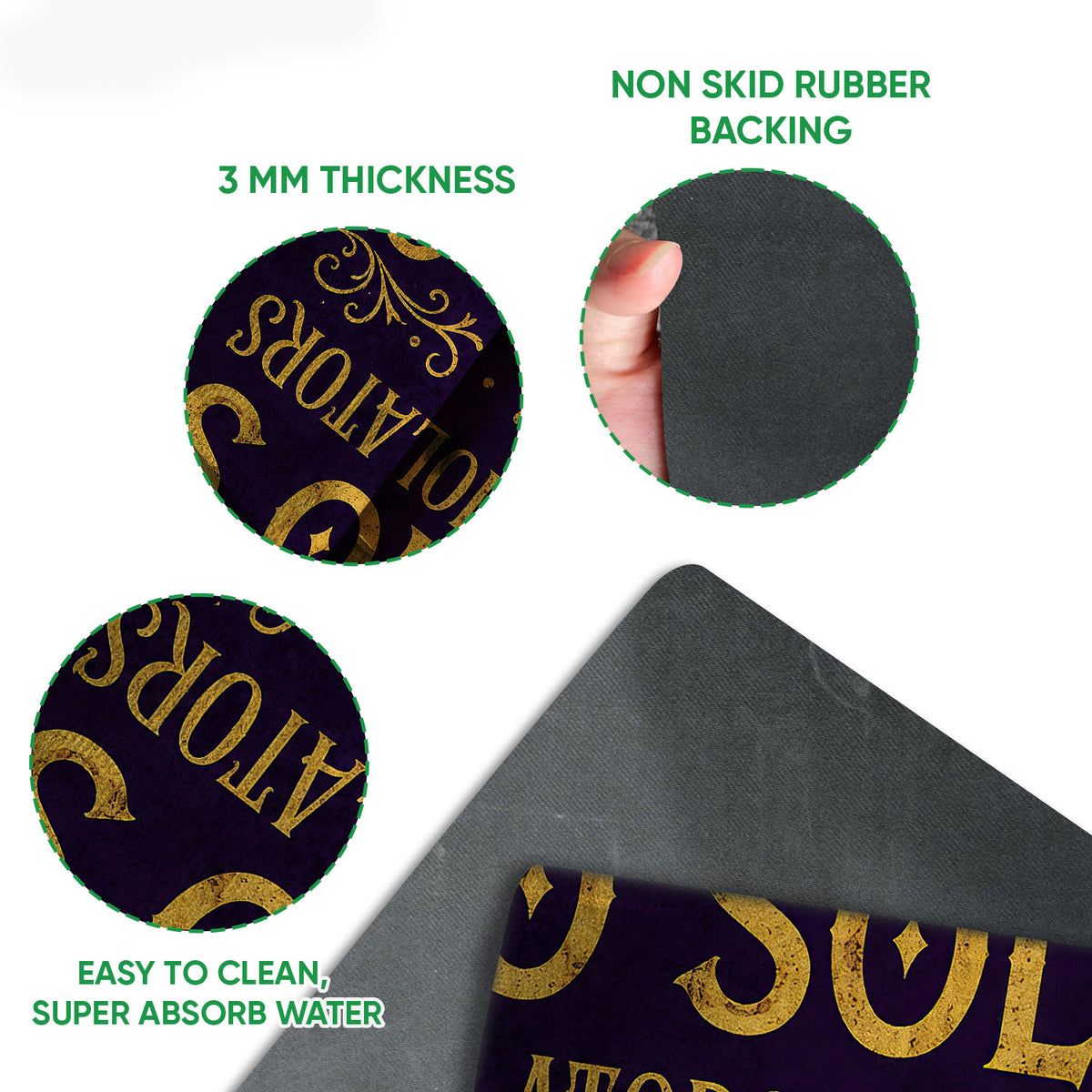 Wicca doormat feature view showing the printed surface and black rubber backing