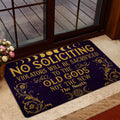 Wicca entryway mat shown near a glass door with dark purple and gold mystical artwork