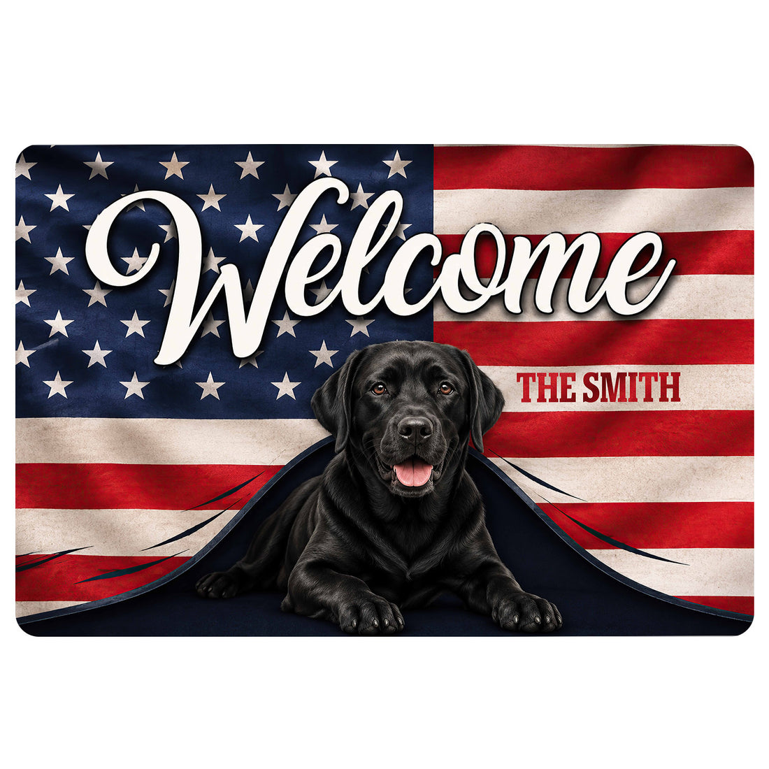 Labrador Retriever doormat with a patriotic flag design and welcoming entryway artwork