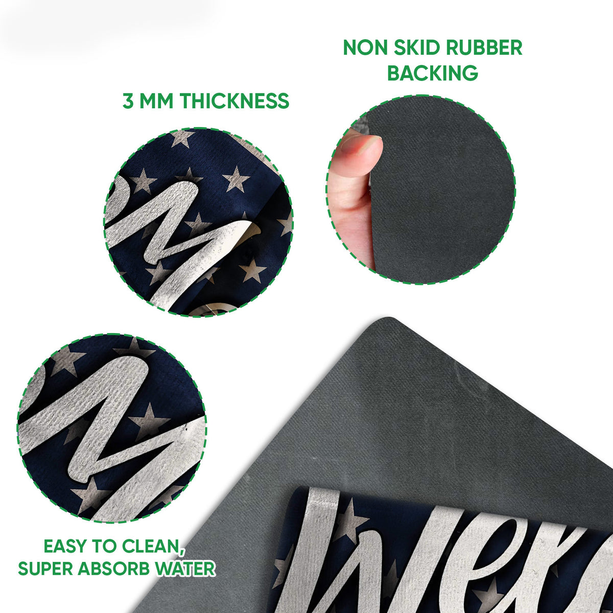 Close-up feature view showing the printed Labrador Retriever mat surface and rubber backing