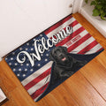 Labrador Retriever welcome doormat styled at an indoor front door on a wood floor