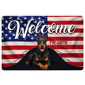 Doberman doormat with a patriotic American flag background and bold welcome artwork