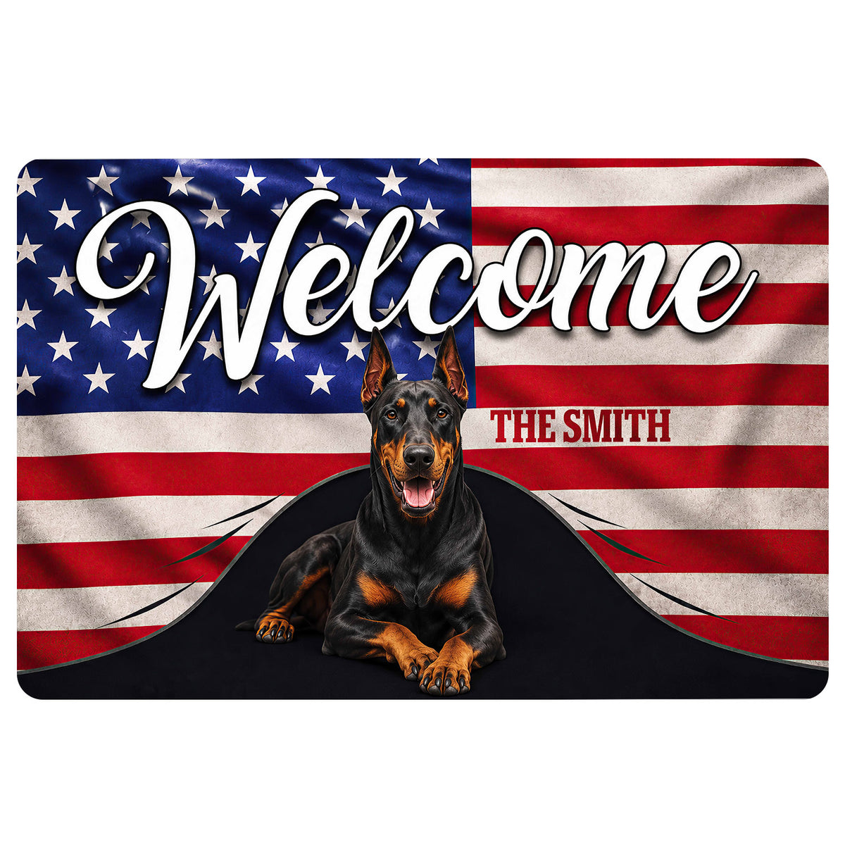Doberman doormat with a patriotic American flag background and bold welcome artwork