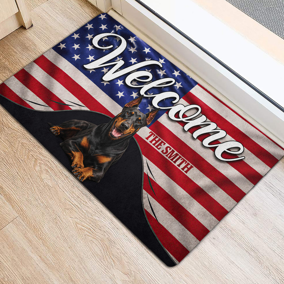 American flag Doberman rug positioned at an entryway with a large welcome design