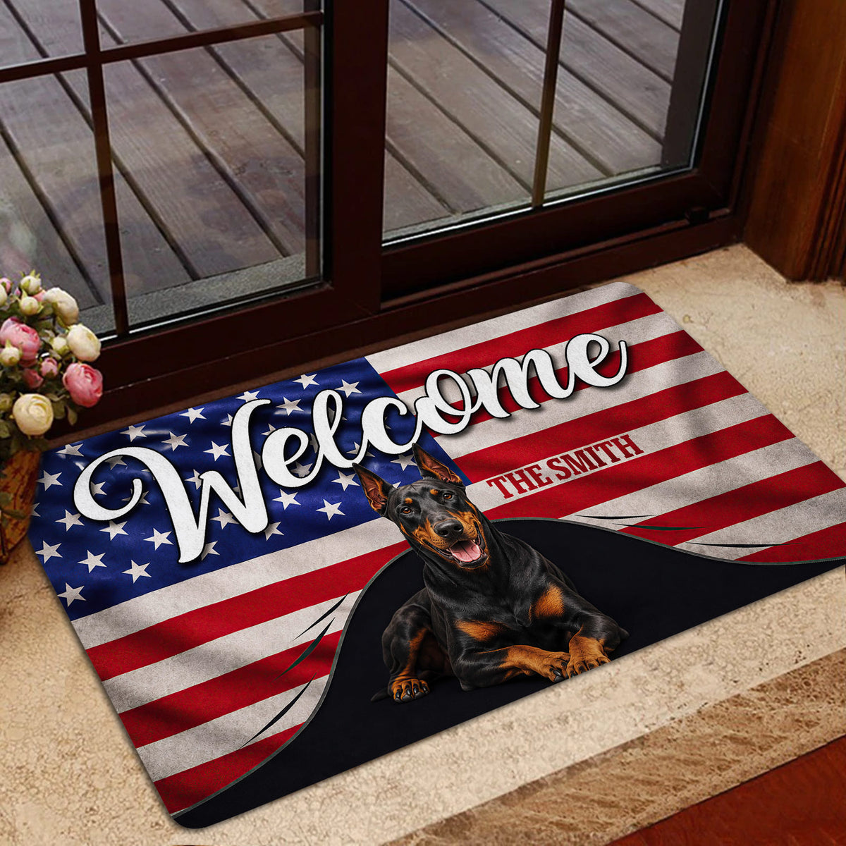 Patriotic Doberman welcome mat styled inside a home entrance near a glass door