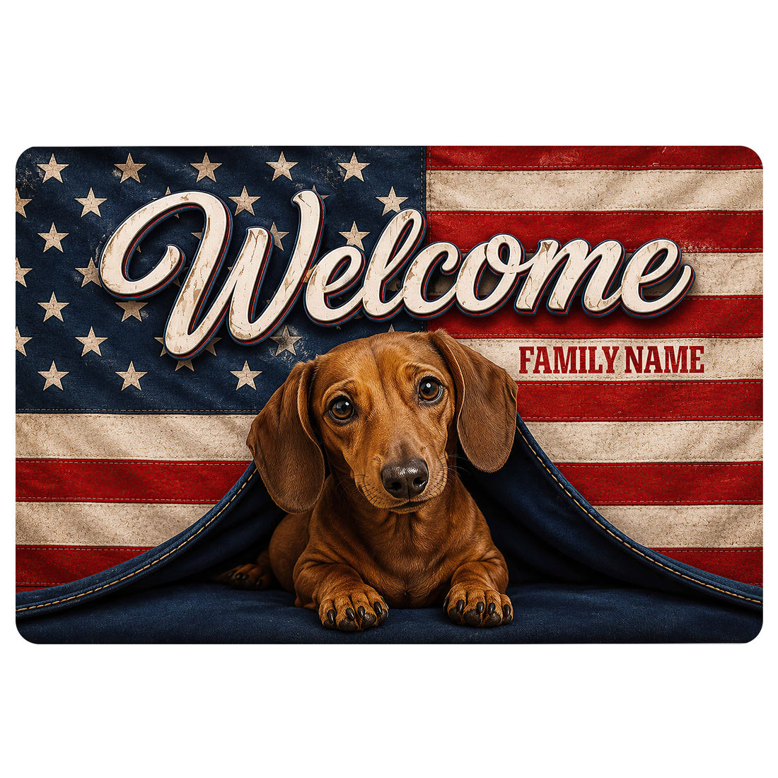 Patriotic dachshund doormat design with stars, stripes and a welcoming entryway message