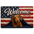 Patriotic dachshund doormat design with stars, stripes and a welcoming entryway message