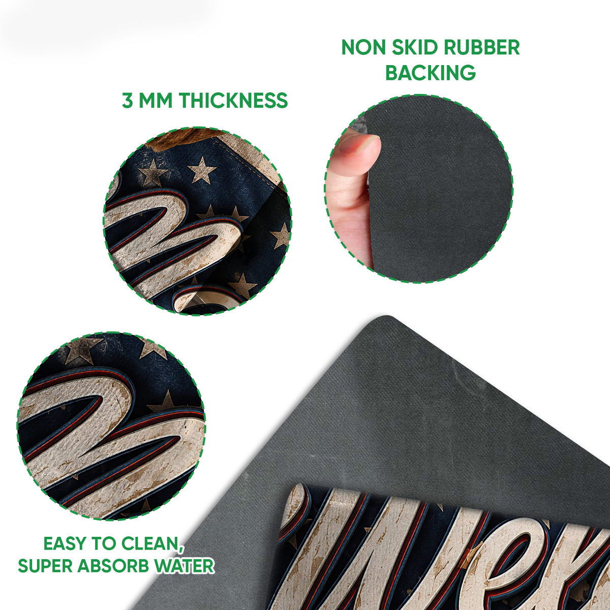 Close-up feature view showing the patriotic dachshund mat surface and rubber backing