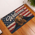 Patriotic dachshund doormat styled beside a front door on a warm wood floor