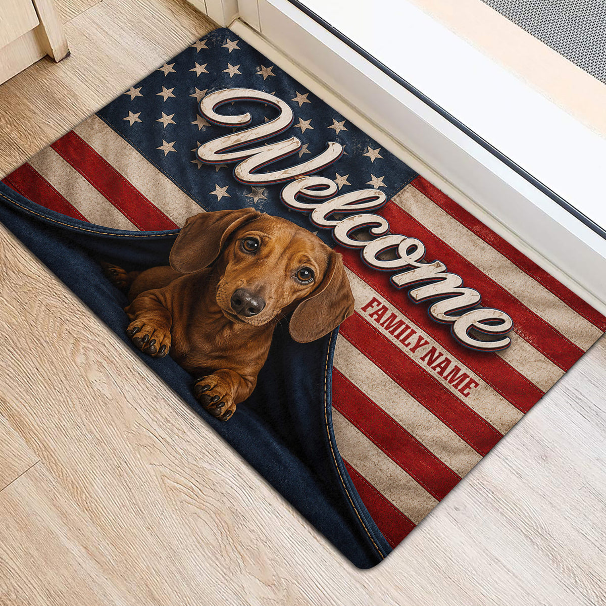 Dachshund welcome doormat displayed at an indoor doorway with a stars and stripes design