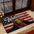 Patriotic dachshund entryway mat shown near a glass door with red, white and blue artwork