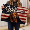 Dachshund welcome doormat held indoors, featuring a patriotic stars and stripes design