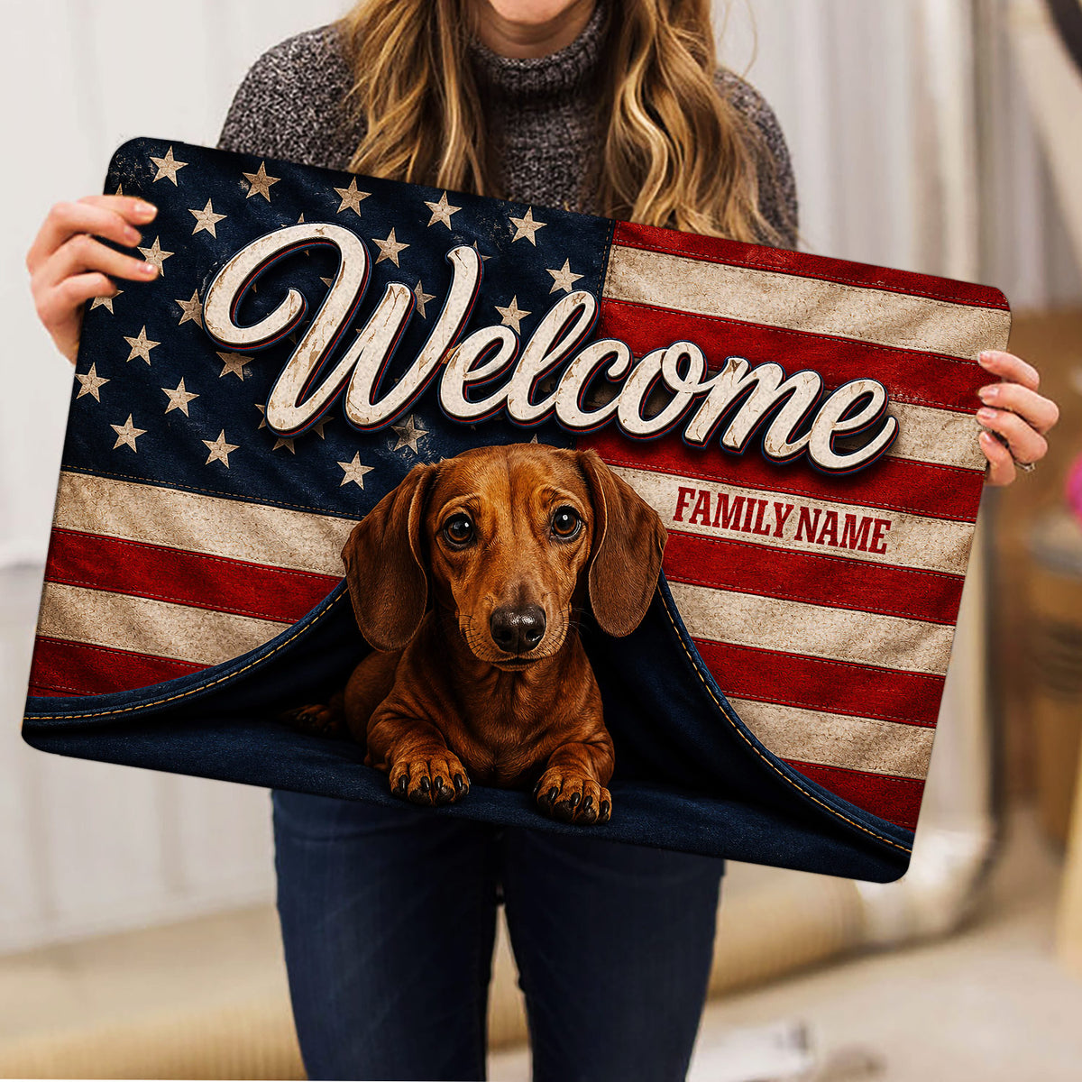 Dachshund welcome doormat held indoors, featuring a patriotic stars and stripes design