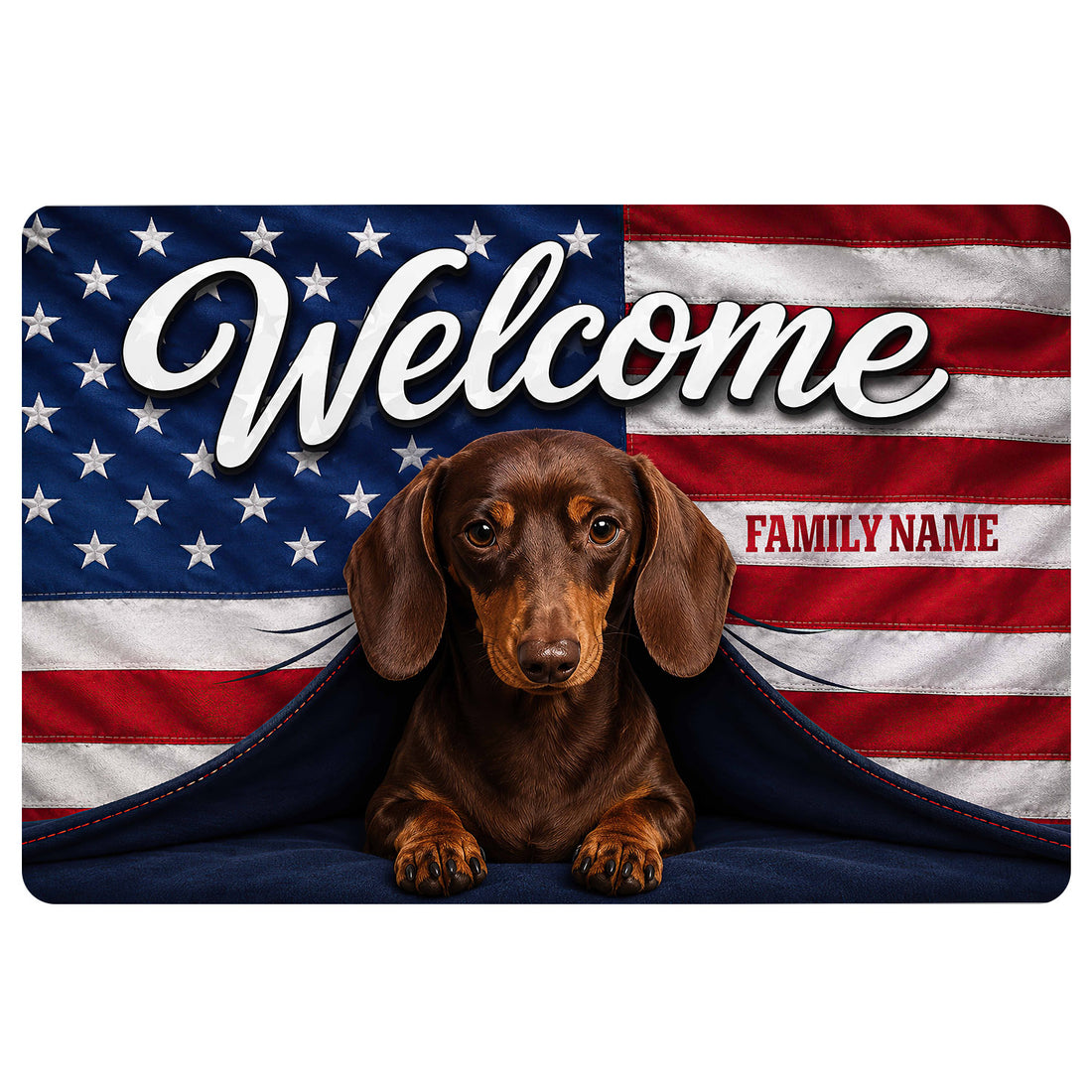 Patriotic dachshund doormat design with a brown dog, stars, red and white stripes, and welcome lettering