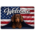 Patriotic dachshund doormat design with a brown dog, stars, red and white stripes, and welcome lettering