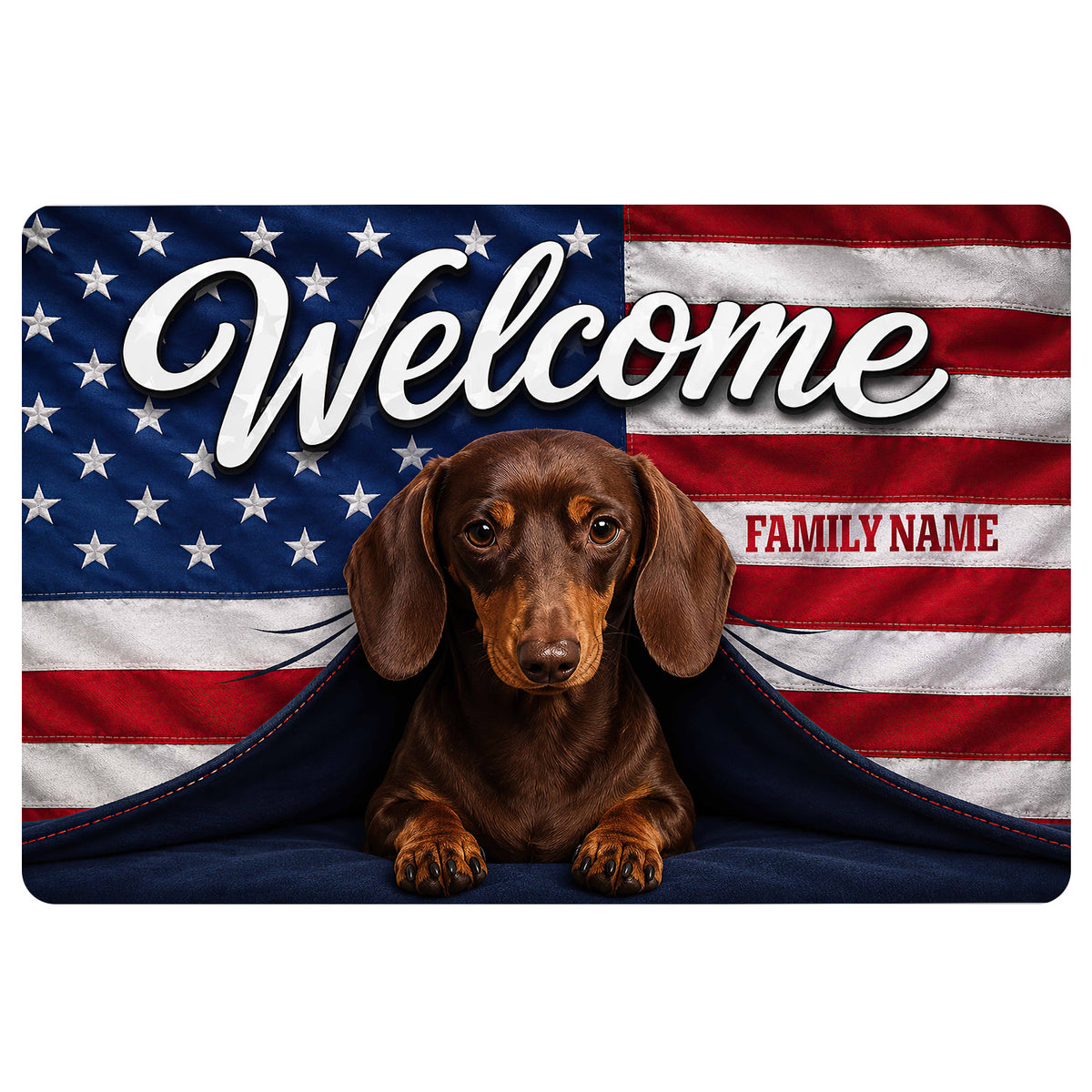 Patriotic dachshund doormat design with a brown dog, stars, red and white stripes, and welcome lettering