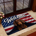 Patriotic dachshund entryway mat displayed beside a glass door with red, white, and blue artwork