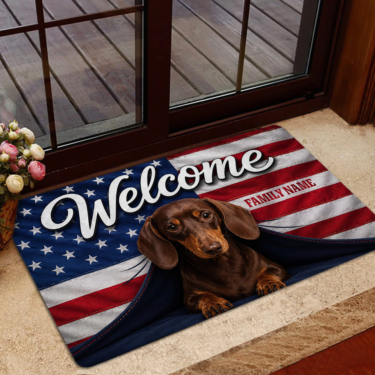 Patriotic dachshund entryway mat displayed beside a glass door with red, white, and blue artwork