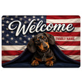 Patriotic dachshund doormat with stars, stripes, welcome lettering and a family-themed design