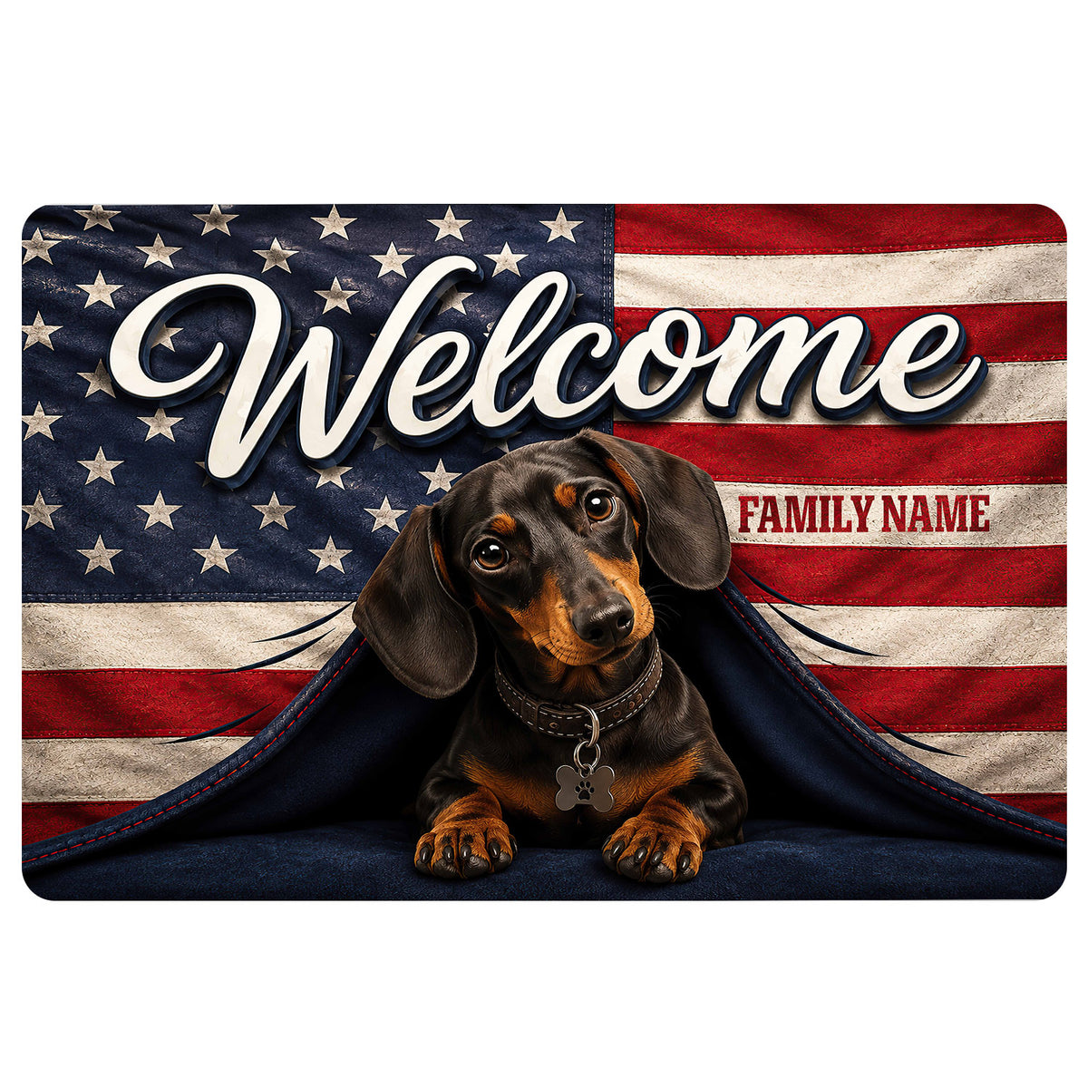 Patriotic dachshund doormat with stars, stripes, welcome lettering and a family-themed design