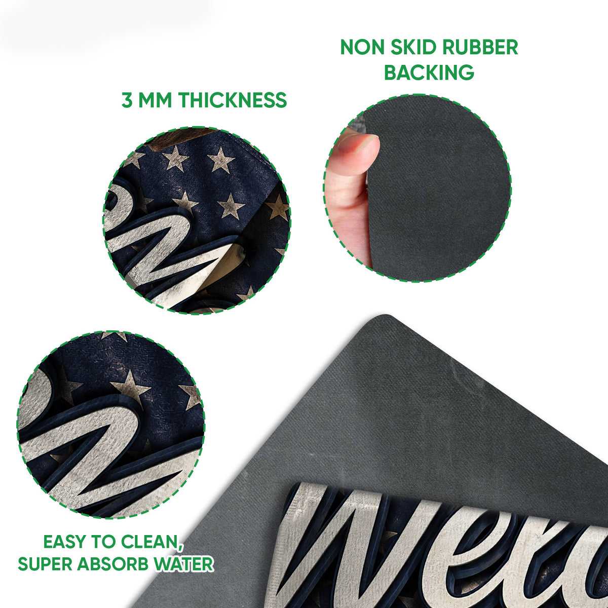 Dachshund doormat detail showing the printed surface, rubber backing and easy-clean construction