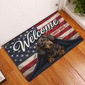 Patriotic dachshund entryway rug displayed beside a white door on a wood floor