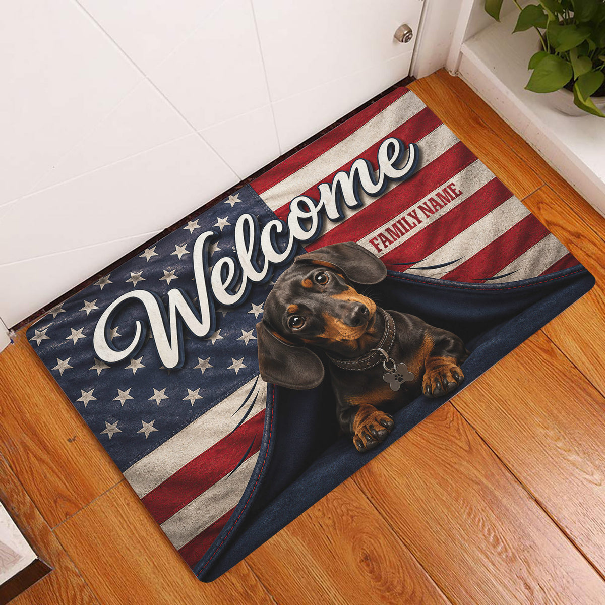 Patriotic dachshund entryway rug displayed beside a white door on a wood floor