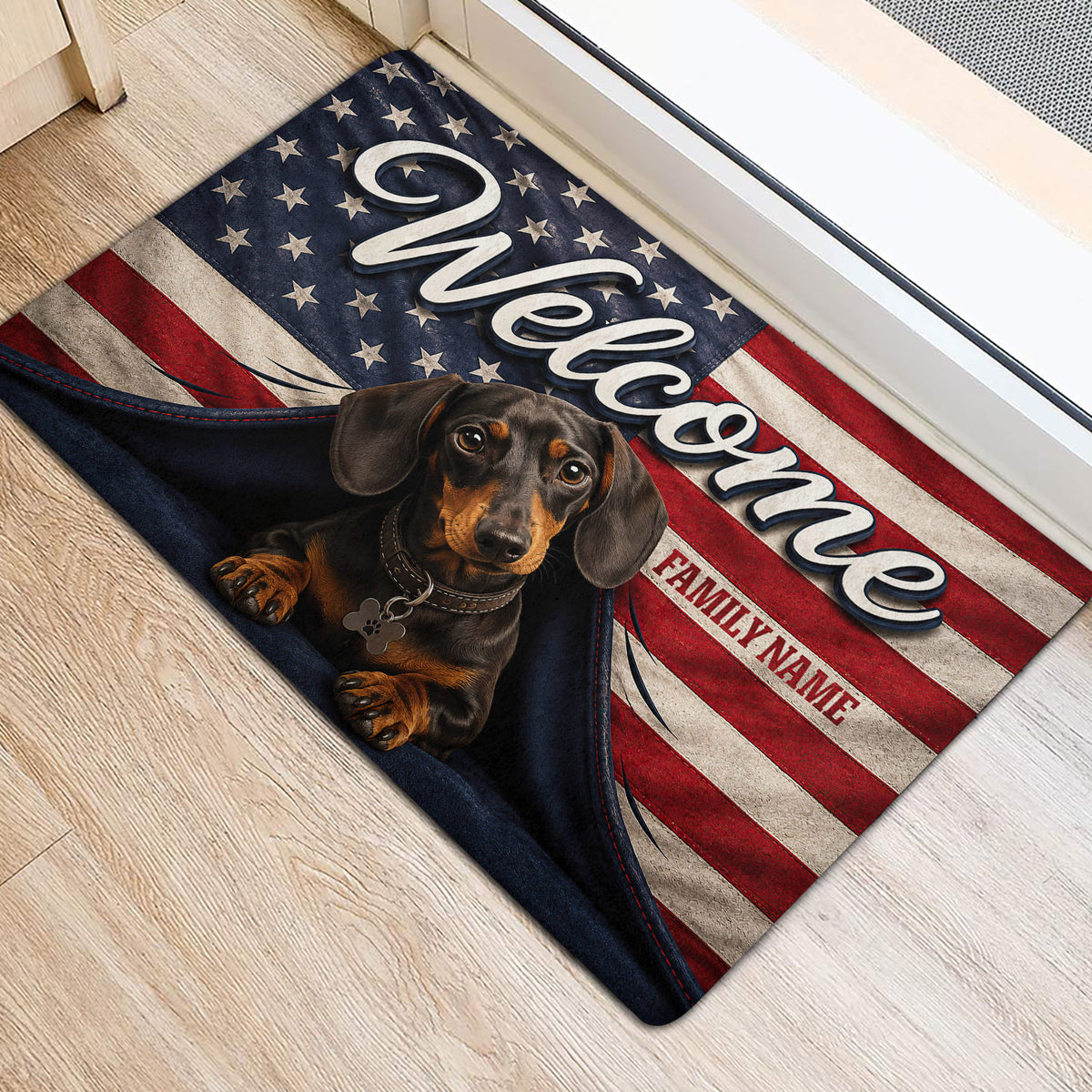 Dachshund welcome mat styled at an indoor doorway with a stars and stripes background