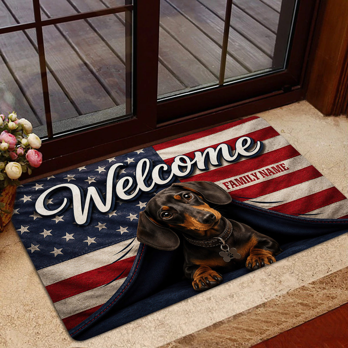Patriotic dachshund door mat displayed in a home entryway near a glass door