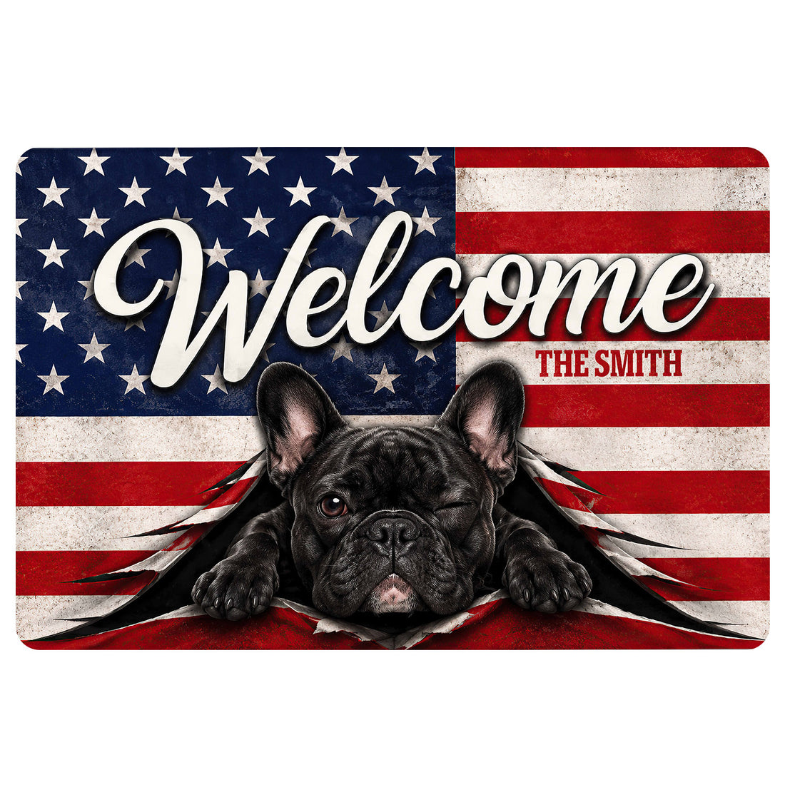 French Bulldog doormat featuring a playful black dog emerging through a distressed American flag design