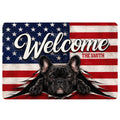 French Bulldog doormat featuring a playful black dog emerging through a distressed American flag design