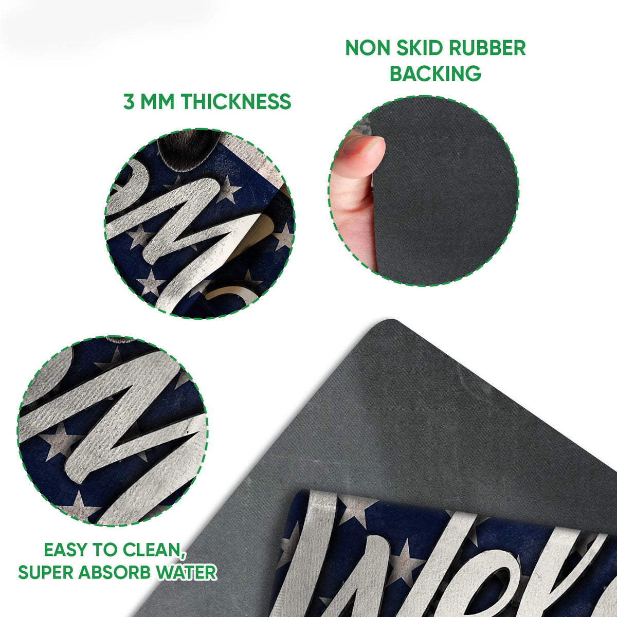 Feature view showing the French Bulldog doormat's printed surface and black rubber backing