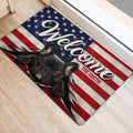 French Bulldog front door mat styled beside a doorway with bold red, white, and blue artwork