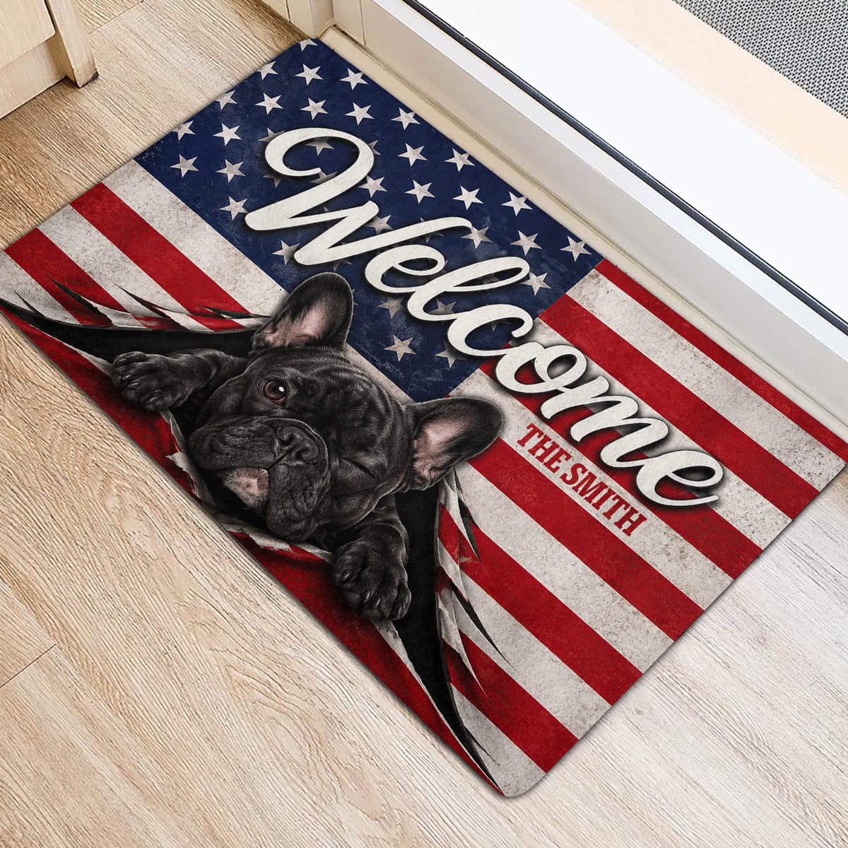French Bulldog front door mat styled beside a doorway with bold red, white, and blue artwork
