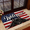 French Bulldog entryway rug shown near a glass door with patriotic flag artwork