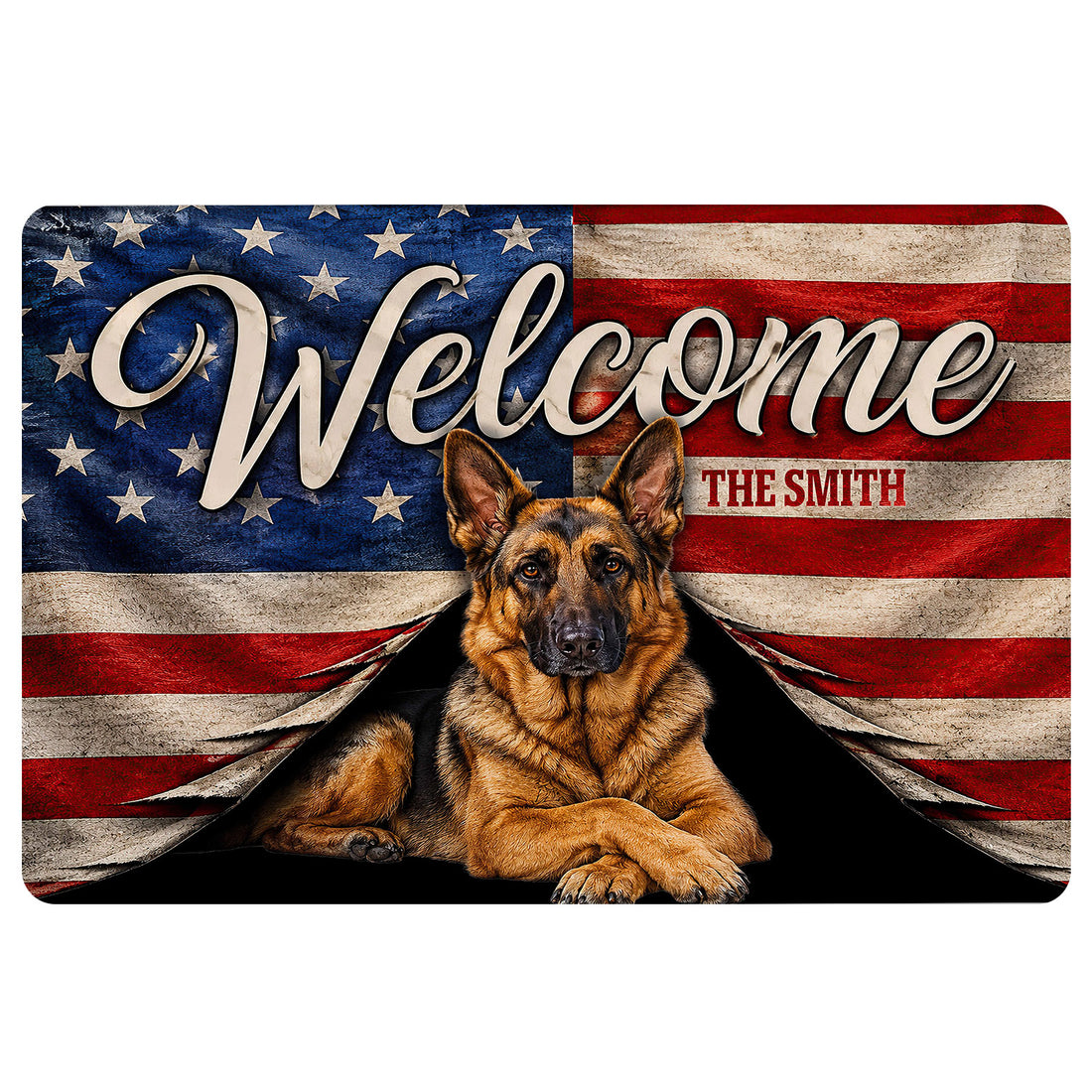 German Shepherd doormat with patriotic American flag artwork, stars, stripes and a welcoming entryway message