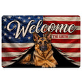 German Shepherd doormat with patriotic American flag artwork, stars, stripes and a welcoming entryway message