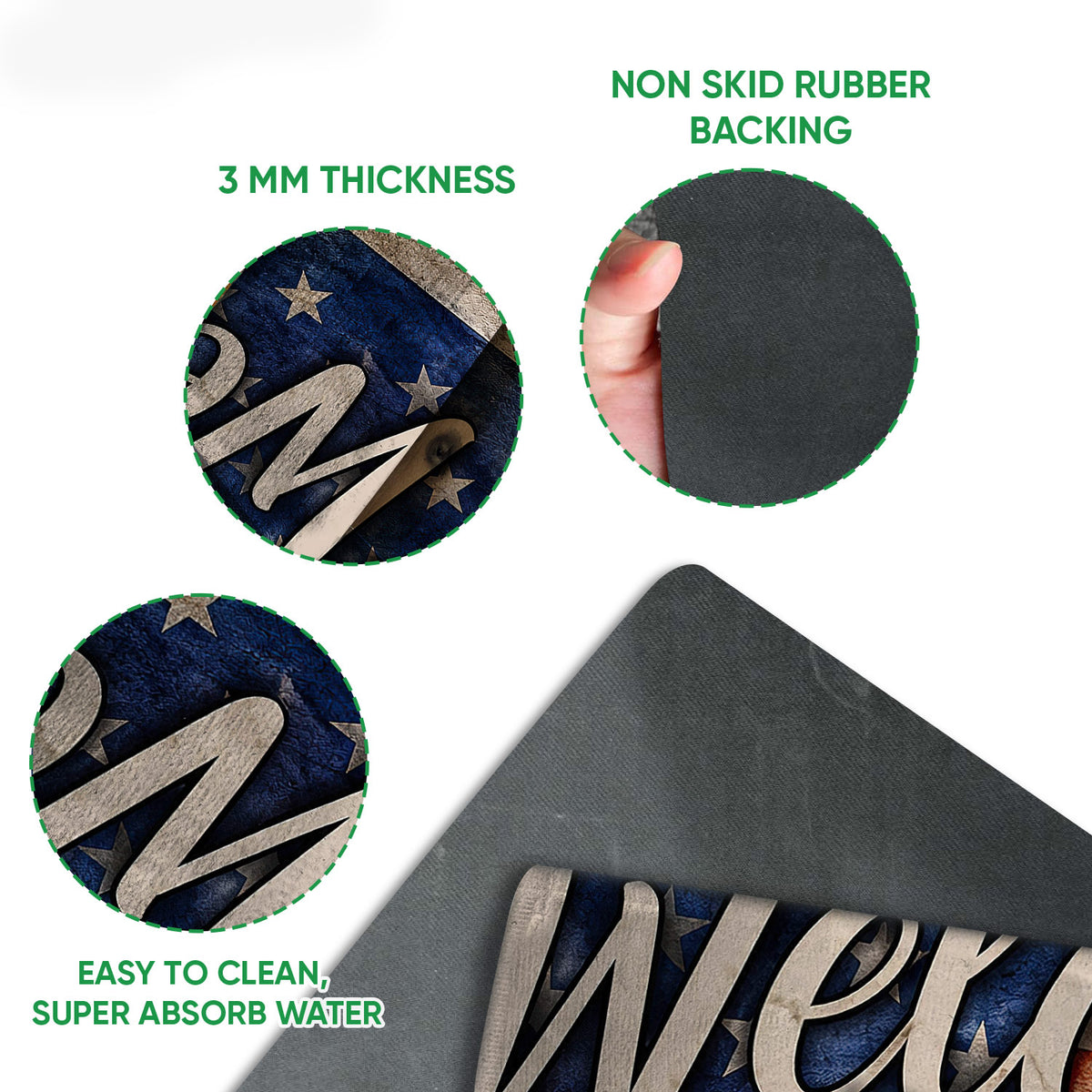 Close-up feature view of German Shepherd doormat artwork and rubber backing with easy-clean construction