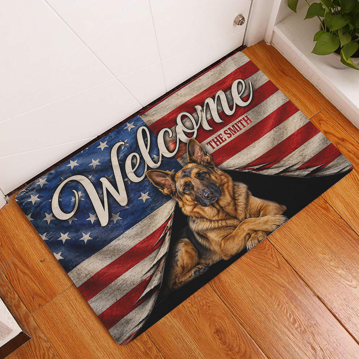 Patriotic German Shepherd doormat displayed at a front door on a warm wood floor
