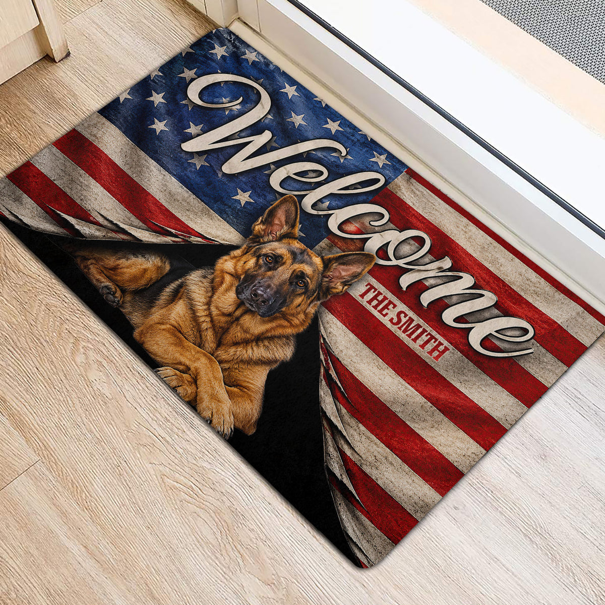 German Shepherd welcome doormat styled at an entryway with American flag inspired stripes and stars