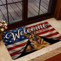 German Shepherd entryway rug displayed beside a glass door with patriotic red, white and blue artwork