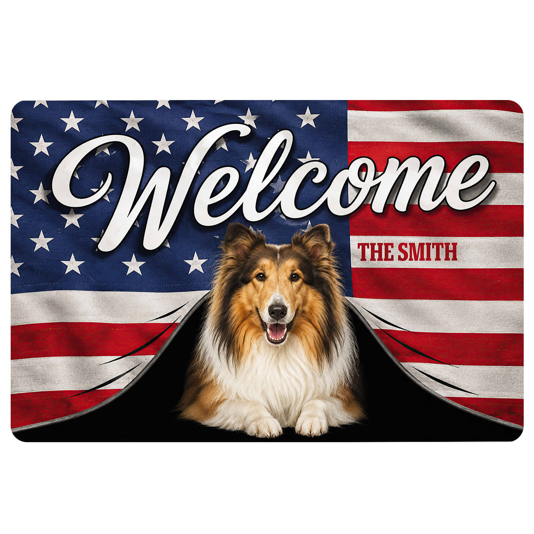 Rough Collie doormat with patriotic stars and stripes artwork and a welcoming front-door message