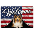 Rough Collie doormat with patriotic stars and stripes artwork and a welcoming front-door message