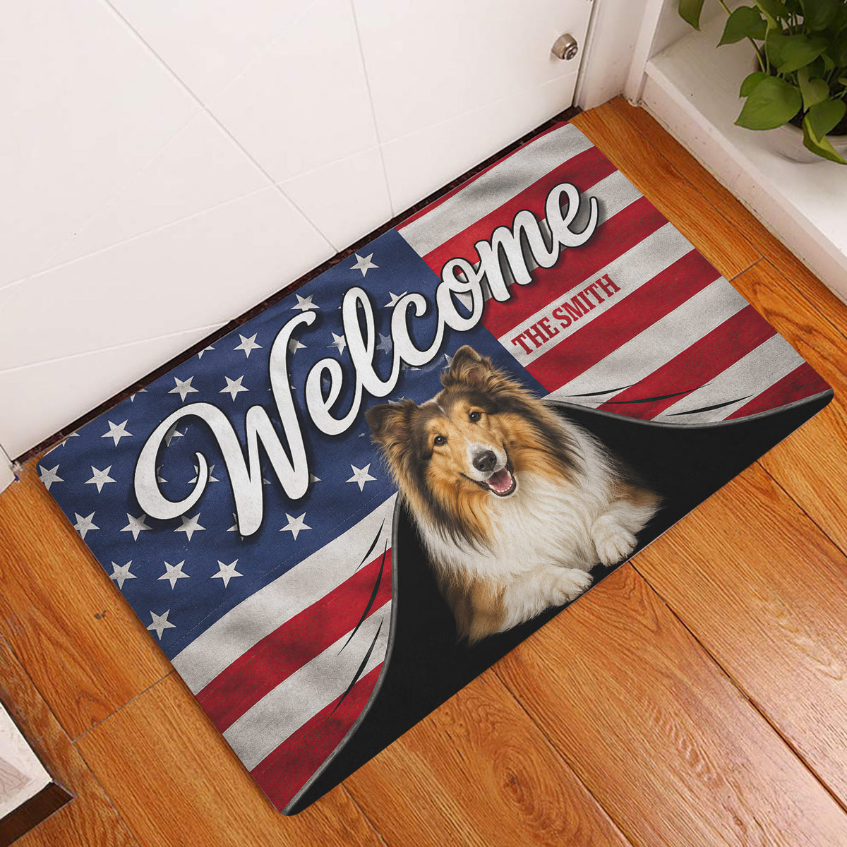 Patriotic Rough Collie doormat displayed at an indoor entryway on a wood floor