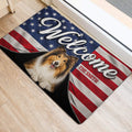 Rough Collie welcome mat positioned beside an interior doorway with stars and stripes design