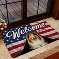 Patriotic Collie entryway mat styled near a glass door with a red, white, and blue design