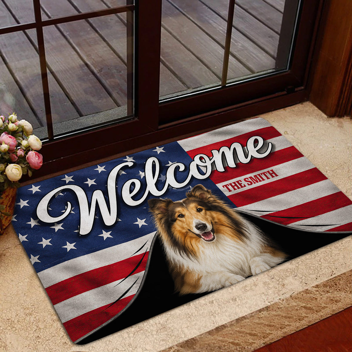 Patriotic Collie entryway mat styled near a glass door with a red, white, and blue design