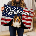 Rough Collie welcome doormat held indoors, showing the full patriotic flag-inspired artwork